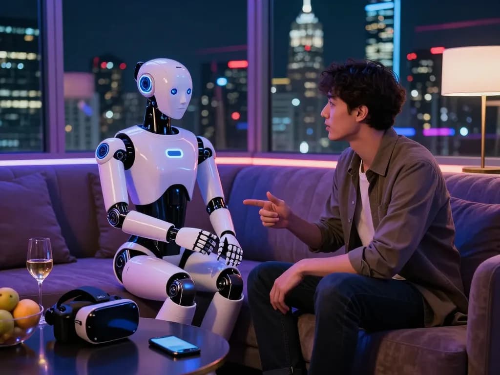 Realistic sex bot conversing in a futuristic lounge with neon lighting