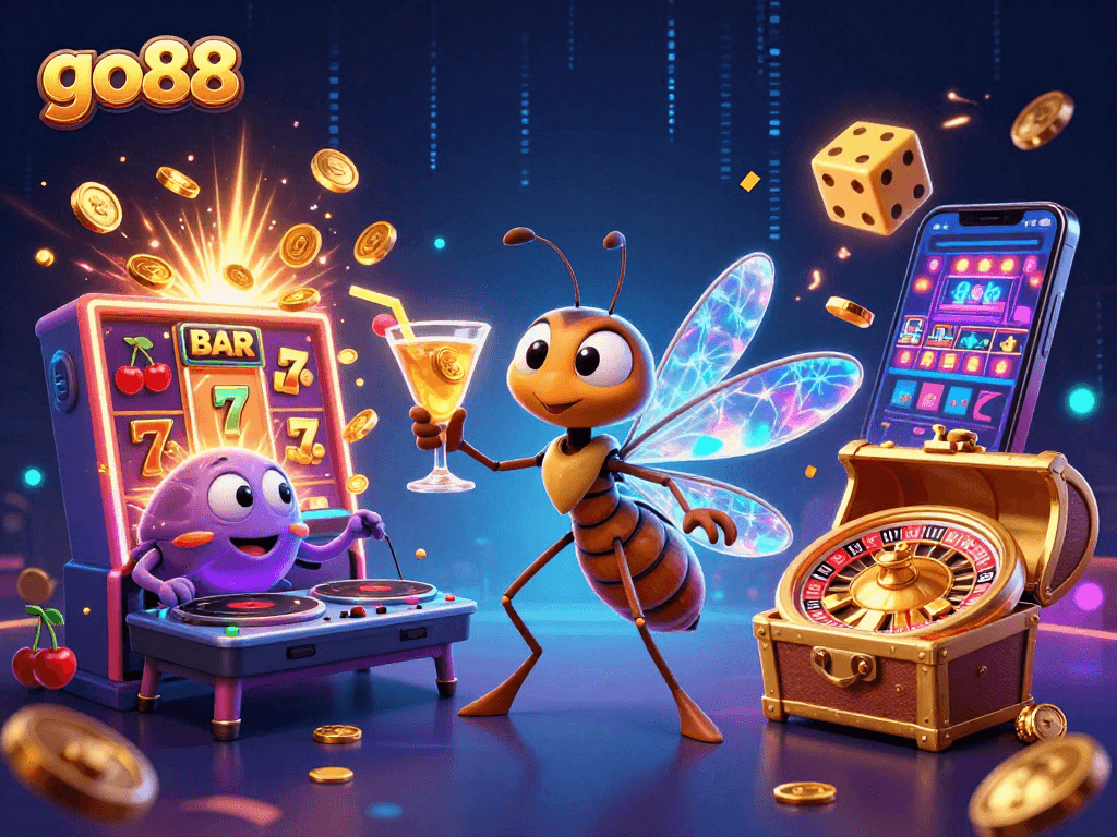 Experience go88's excitement with a vibrant illustration of casino characters and games in action.