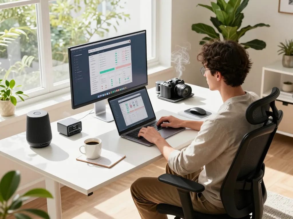 Tech gadgets for productivity enhance a modern workspace featuring a laptop, Bluetooth keyboard, and smart speaker.