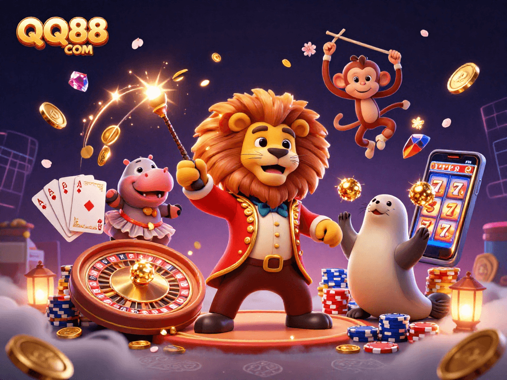 Experience the thrills at QQ88 COM with an exciting casino illustration featuring animated characters and vibrant gaming elements.