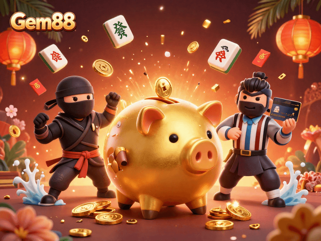 Experience excitement with Gem88's vibrant casino scene featuring animated characters and thrilling elements.