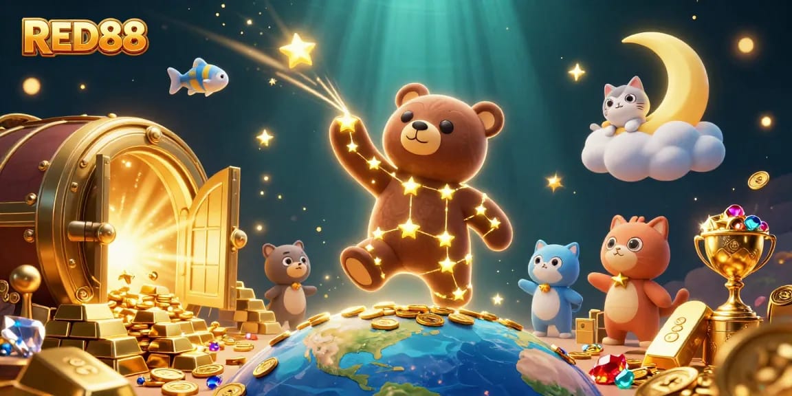 Experience excitement at RED88 with a stunning illustration of a winning constellation bear in a vibrant casino setting.