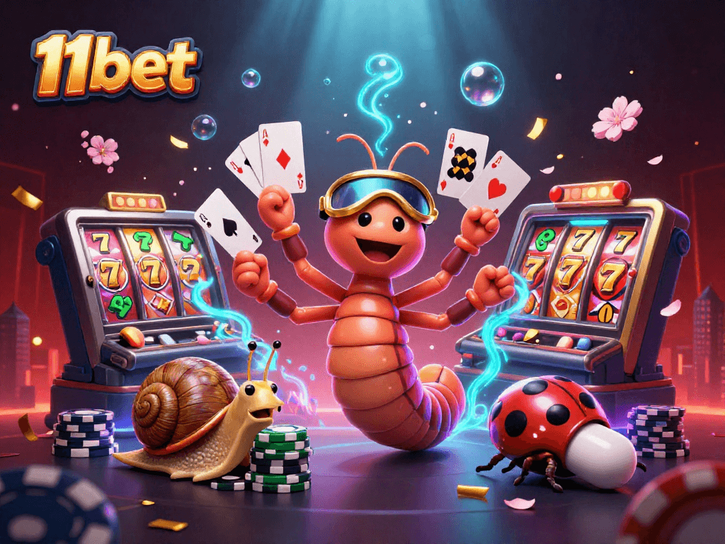 Experience thrilling games at 11bet with a cartoon millipede dealer and vibrant casino elements.