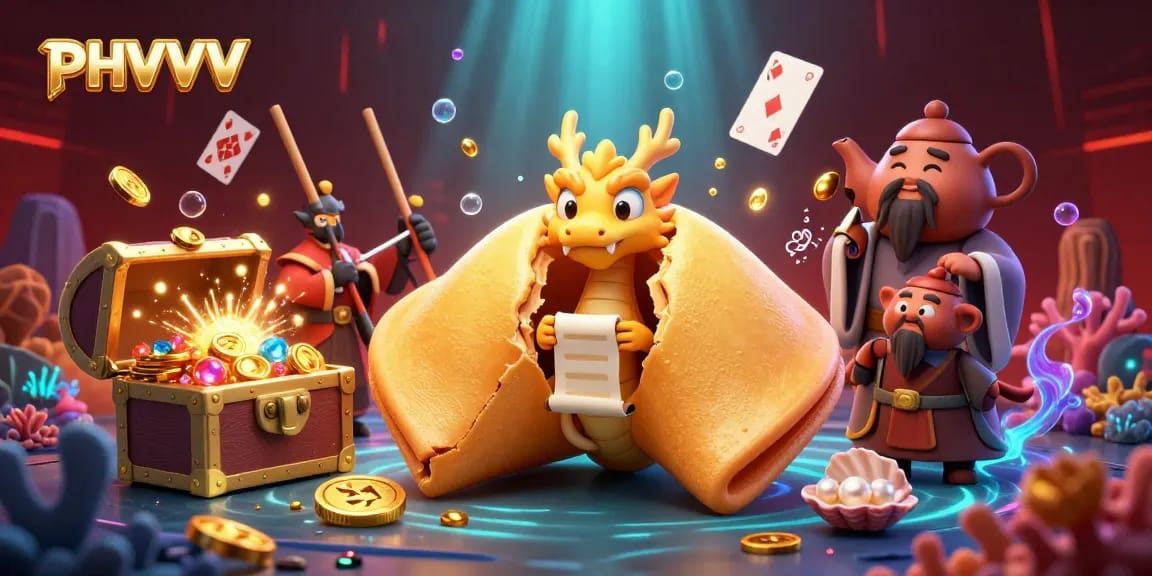 Experience the thrill of PHVVV with this vibrant 3D illustration featuring a fortune cookie, a dragon, and golden treasures.