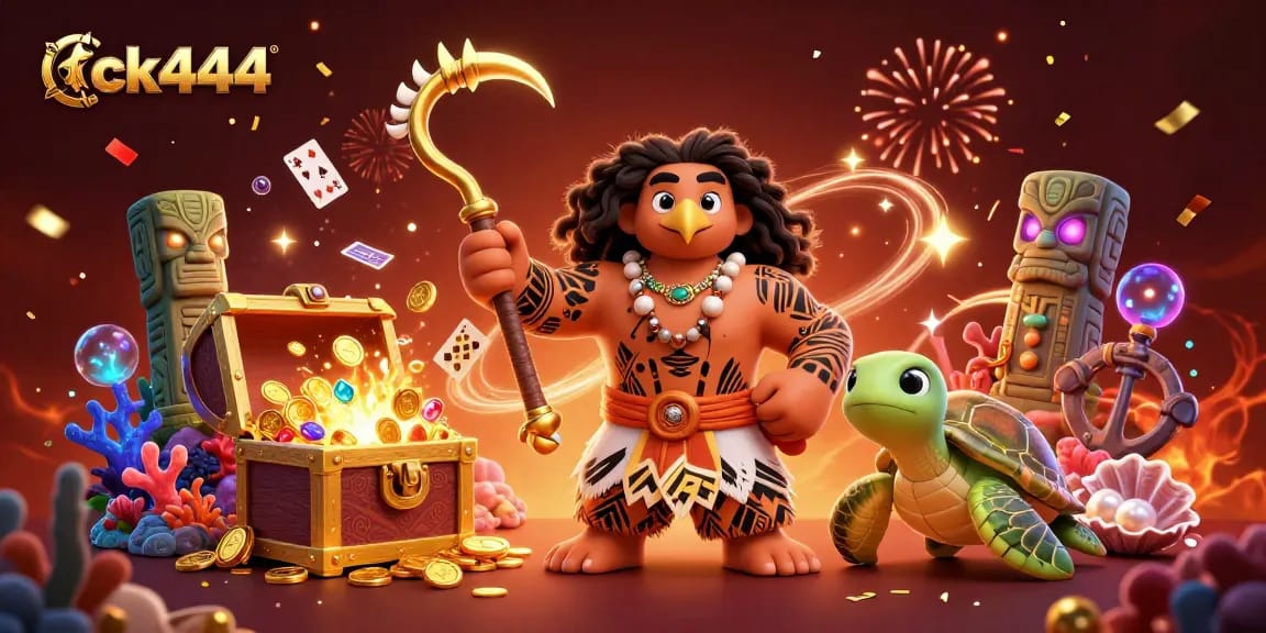 Engage with exciting slot games at ck444, showcasing a lively 3D scene with vibrant characters and dynamic game elements.