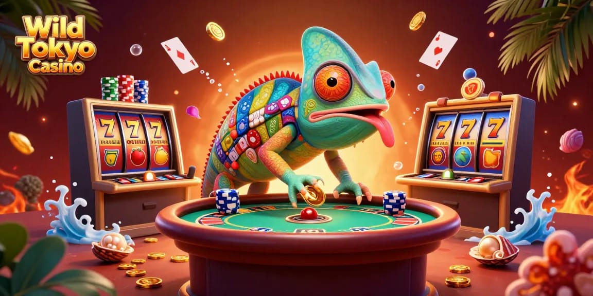 Gioca a Wild Tokyo Casino con l'enorme camaleonte che attira monete d'oro tra slot e casinò live.