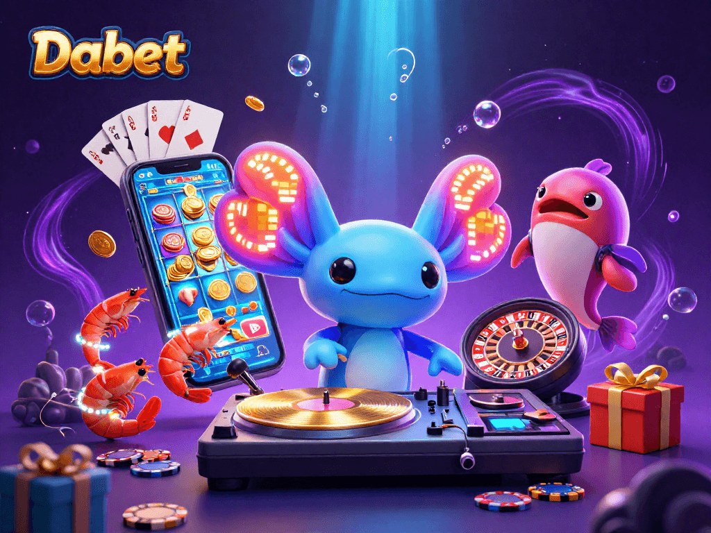Dabet engages players with vibrant slots featuring spinning reels and gold coins erupting.