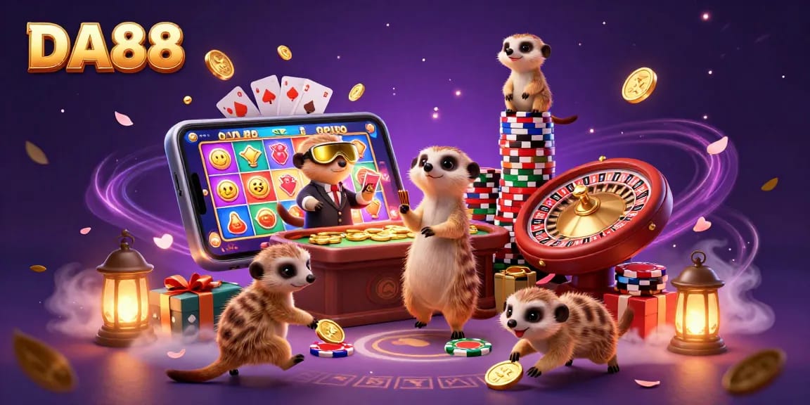 Experience the excitement of DA88 with meerkats in a vibrant casino scene filled with games and surprises.
