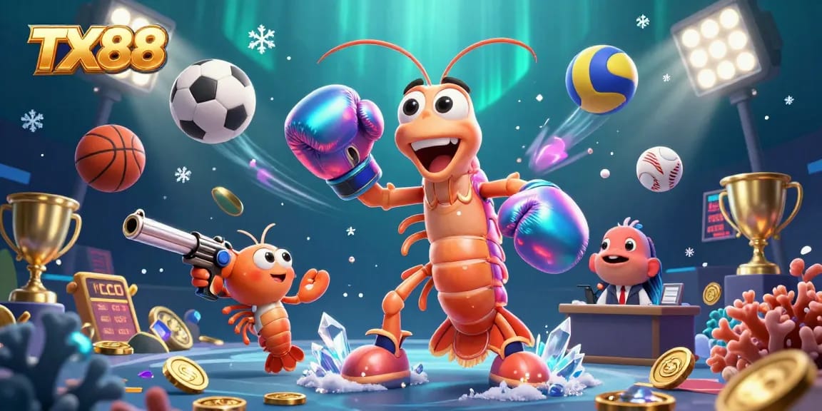 Experience dynamic sports betting excitement with TX88 featuring vibrant characters, trophies, and betting slips.
