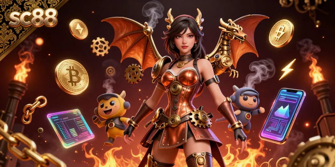 Experience thrilling gameplay at sc88 with a captivating 3D scene filled with casino elements and crypto coins.