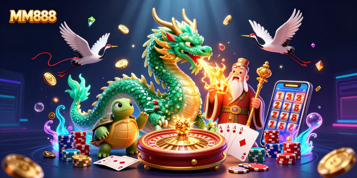 Experience the thrill of MM888 with a jade dragon and lucky cranes amidst 3D casino elements.
