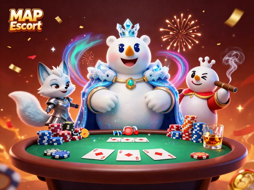 Engage with MAP Escort featuring a polar bear king and fox in a vibrant casino atmosphere.