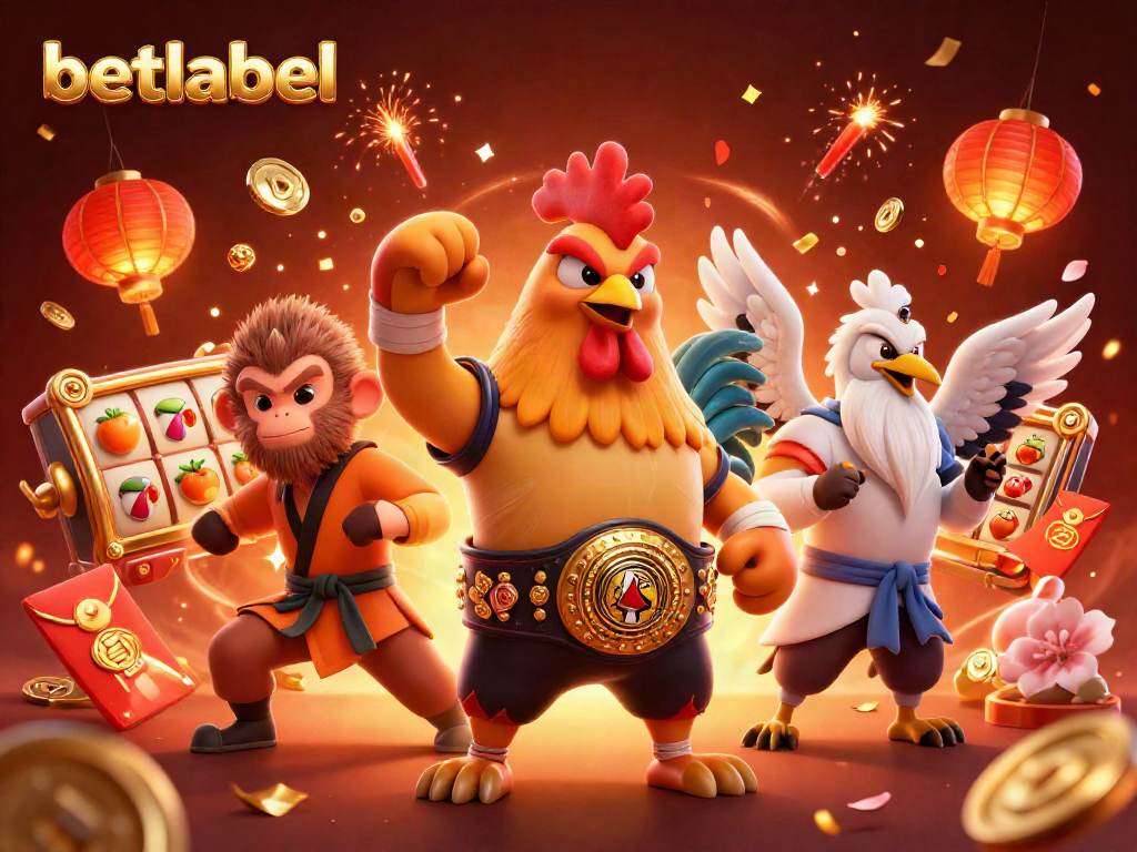 Betlabel showcases an engaging 3D scene featuring vibrant casino elements like slot reels and festive characters.