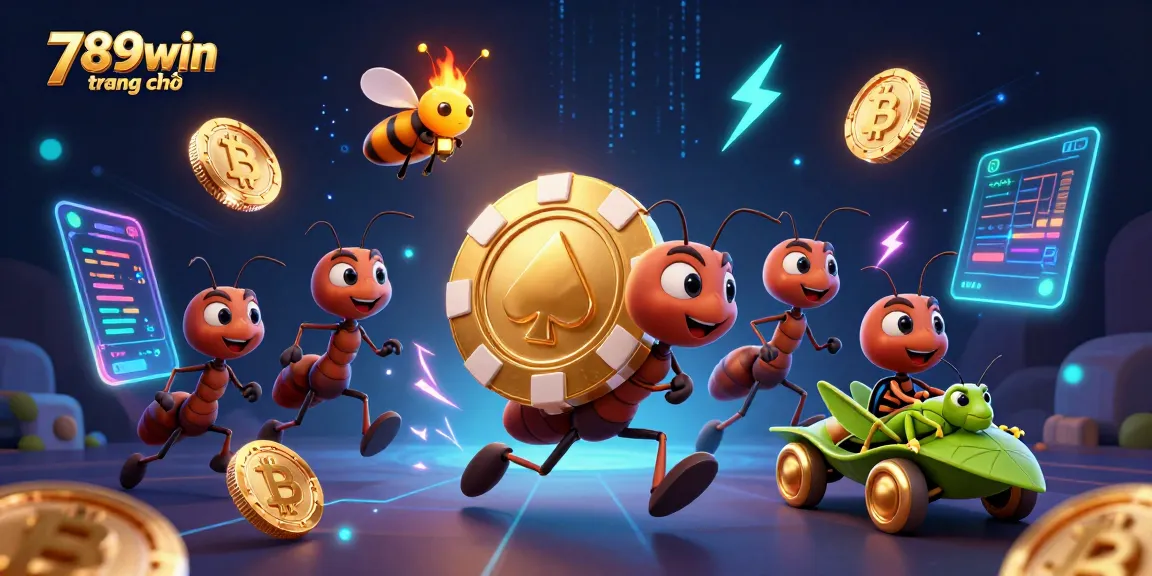 Experience the thrilling adventure at 789win trang chủ with ants heisting a giant poker chip amidst crypto elements in a dynamic scene.