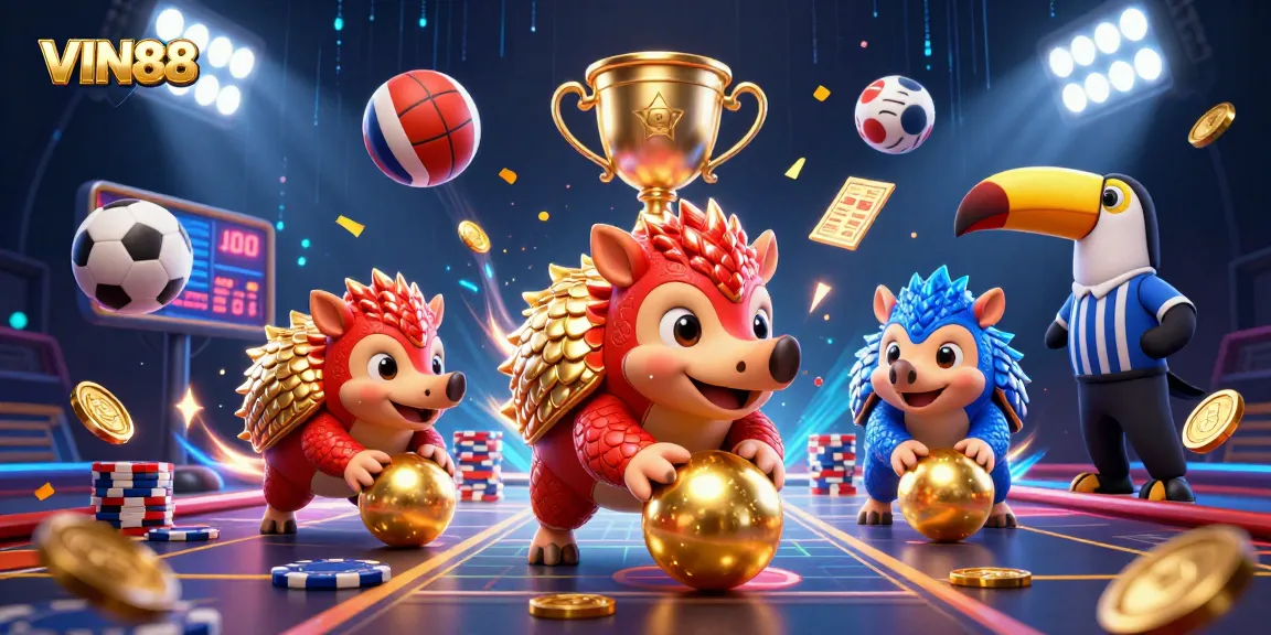 Join the excitement at VIN88 with rival pangolins competing in a dynamic casino scene featuring sports elements.