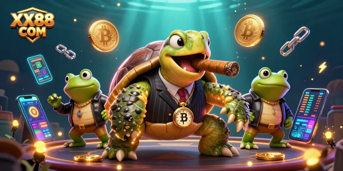 Experience thrilling gaming at XX88 COM with vibrant 3D characters and blockchain elements illuminating the casino.
