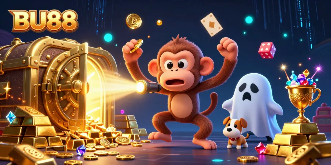 Experience BU88's haunted casino adventure with a playful monkey and a curious puppy.