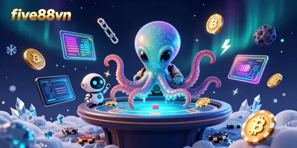 Engage with five88vn and explore exciting cosmic poker adventures featuring an alien octopus and its robot companion.
