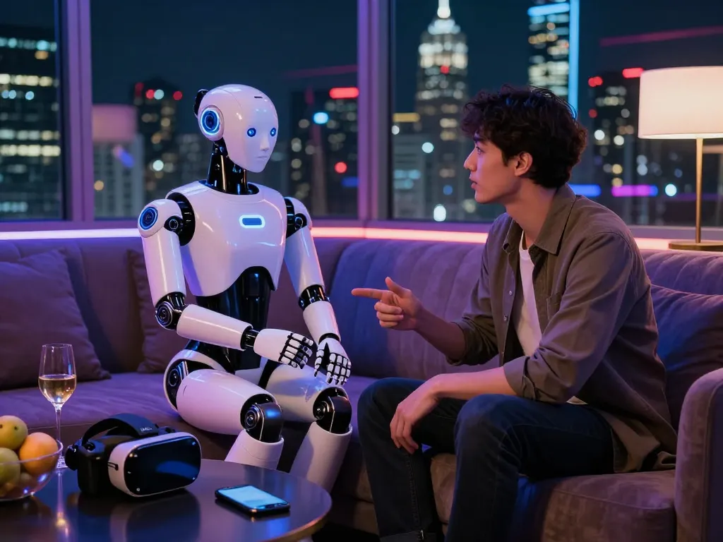 Realistic sex bot conversing in a futuristic lounge with neon lighting
