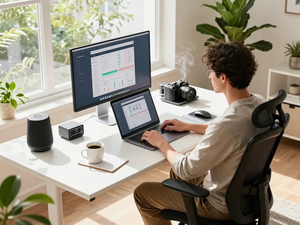 Tech gadgets for productivity enhance a modern workspace featuring a laptop, Bluetooth keyboard, and smart speaker.