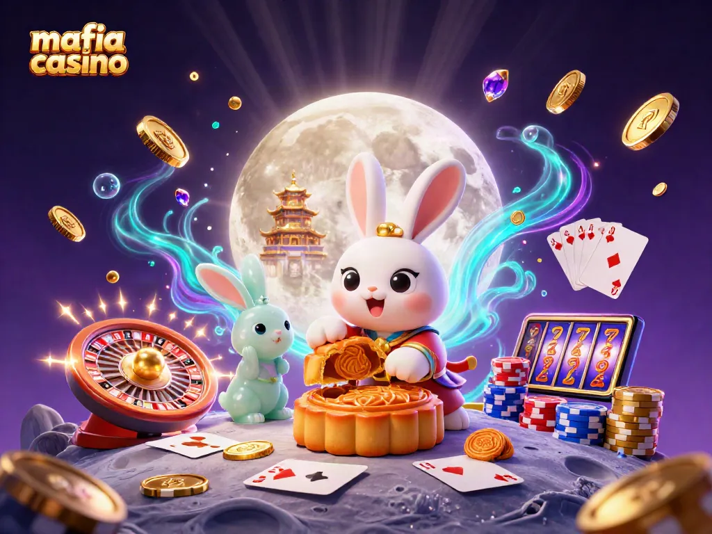 Mafia casino artwork featuring a cartoon moon rabbit revealing poker chips on the lunar surface.