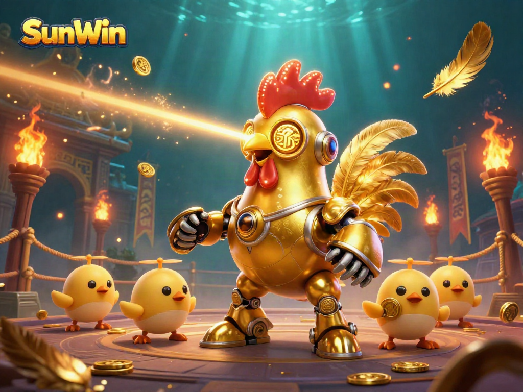 Join the exciting world of SunWin with a dynamic scene featuring a golden rooster robot and drone chicks in a vibrant casino setting.