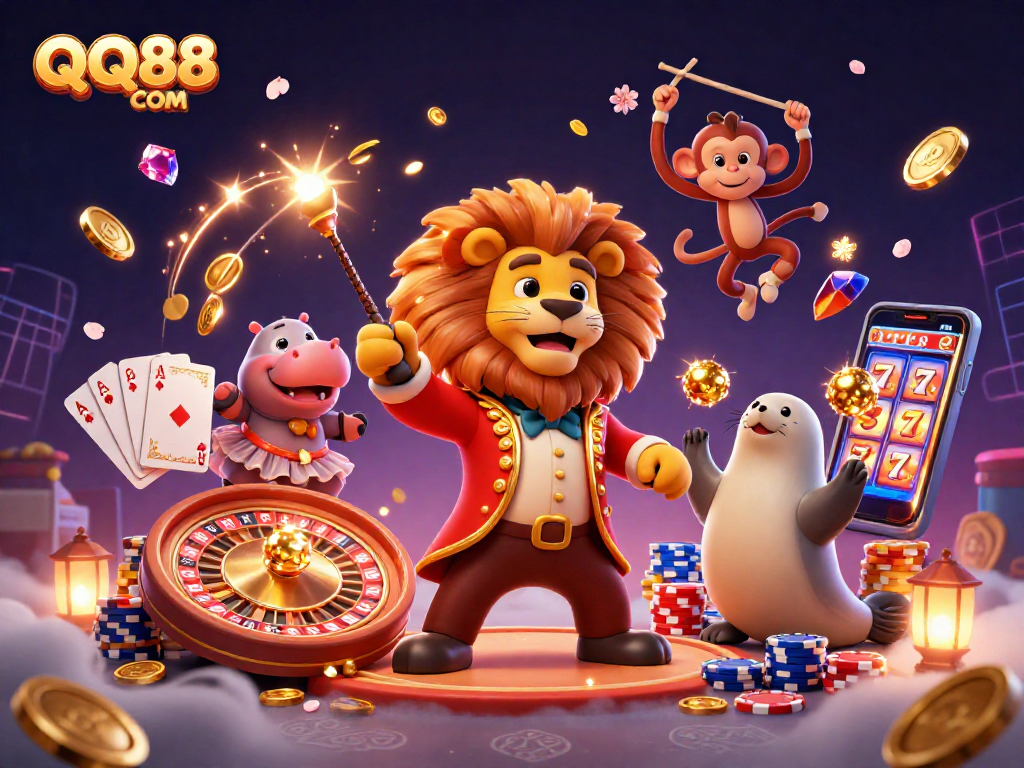 Experience the thrills at QQ88 COM with an exciting casino illustration featuring animated characters and vibrant gaming elements.
