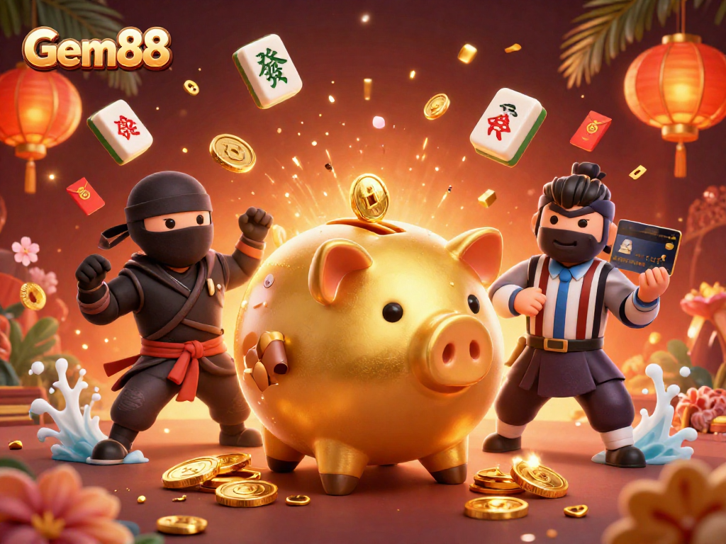 Experience excitement with Gem88's vibrant casino scene featuring animated characters and thrilling elements.