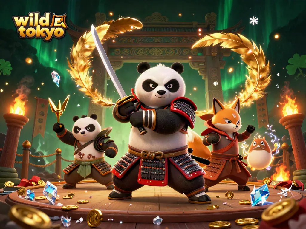 Experience wild tokyo's thrilling action with a vibrant scene featuring samurai panda and ninja fox.