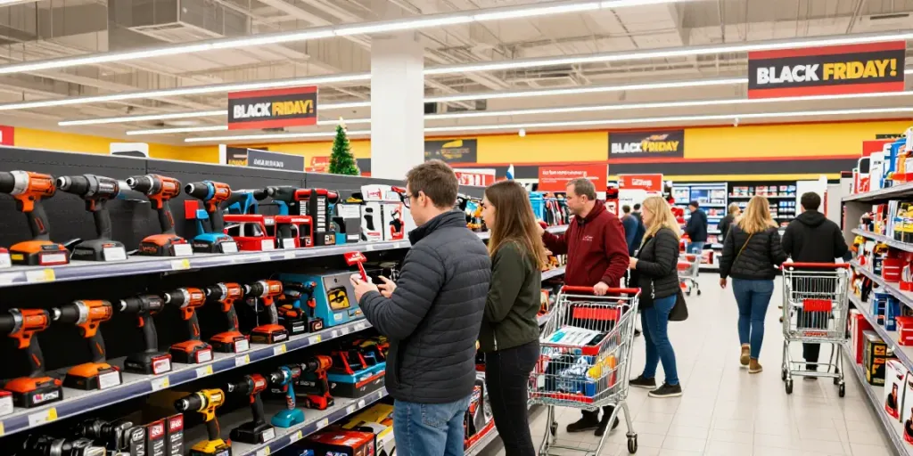 Scena di shopping del Black Friday Metabo con clienti entusiasti che esplorano strumenti elettrici in offerta.