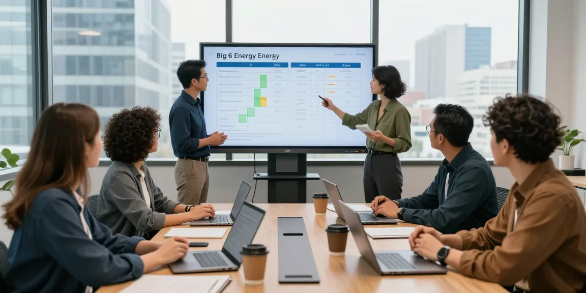 Group of small business owners discussing big 6 energy suppliers options during consultation
