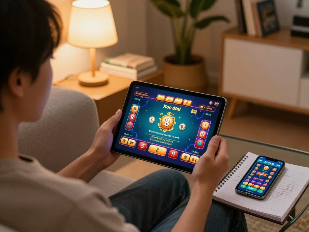 xóc đĩa online gaming on tablet in cozy home setup with strategic notes.