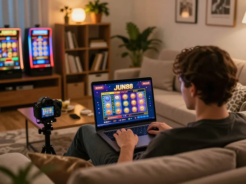 Engaging home gaming experience featuring JUN88 online casino interface on laptop