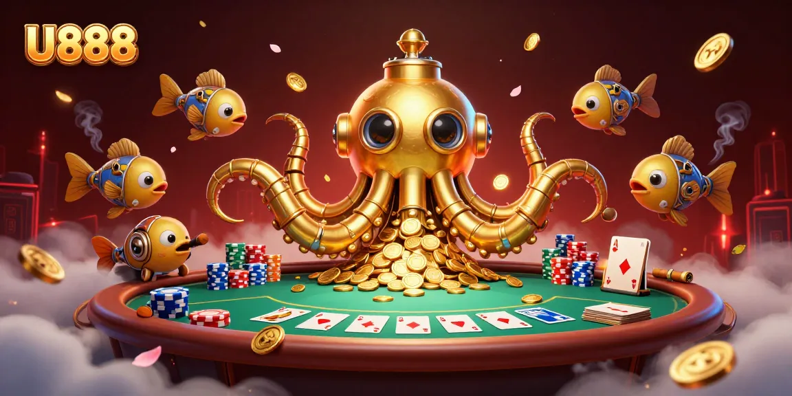 Win with U888 at this vibrant 3D casino scene featuring a golden kraken submarine surrounded by poker elements.