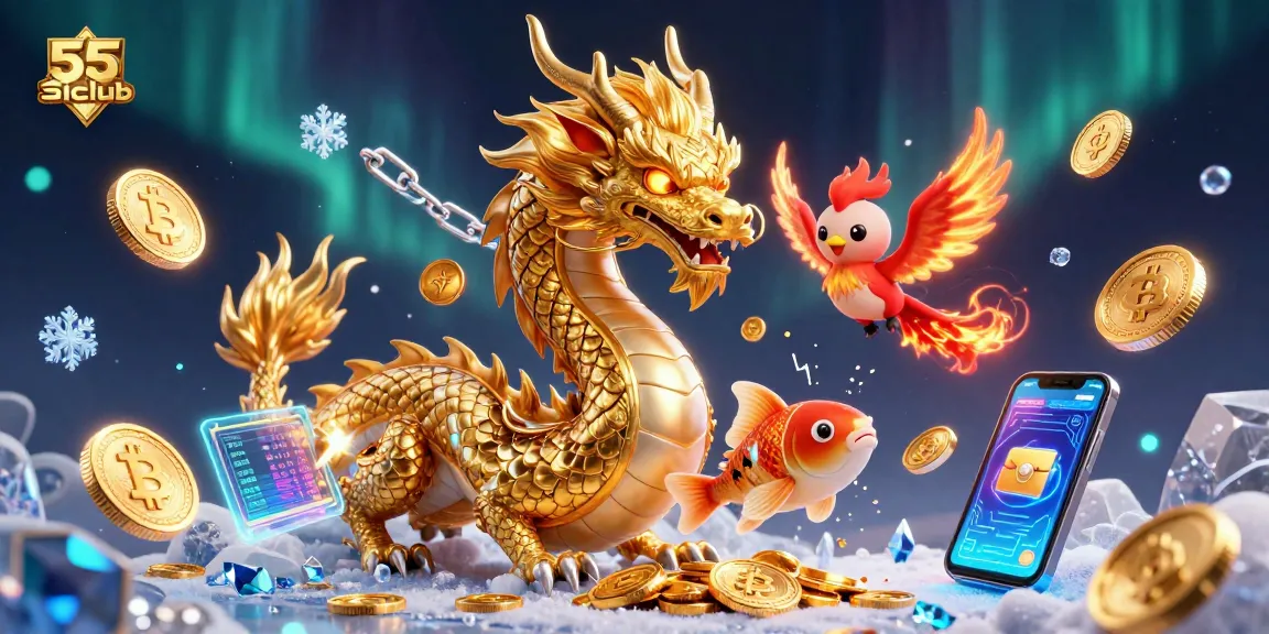 Engage in 55club casino adventures with vibrant dragons, coins, and crypto elements.