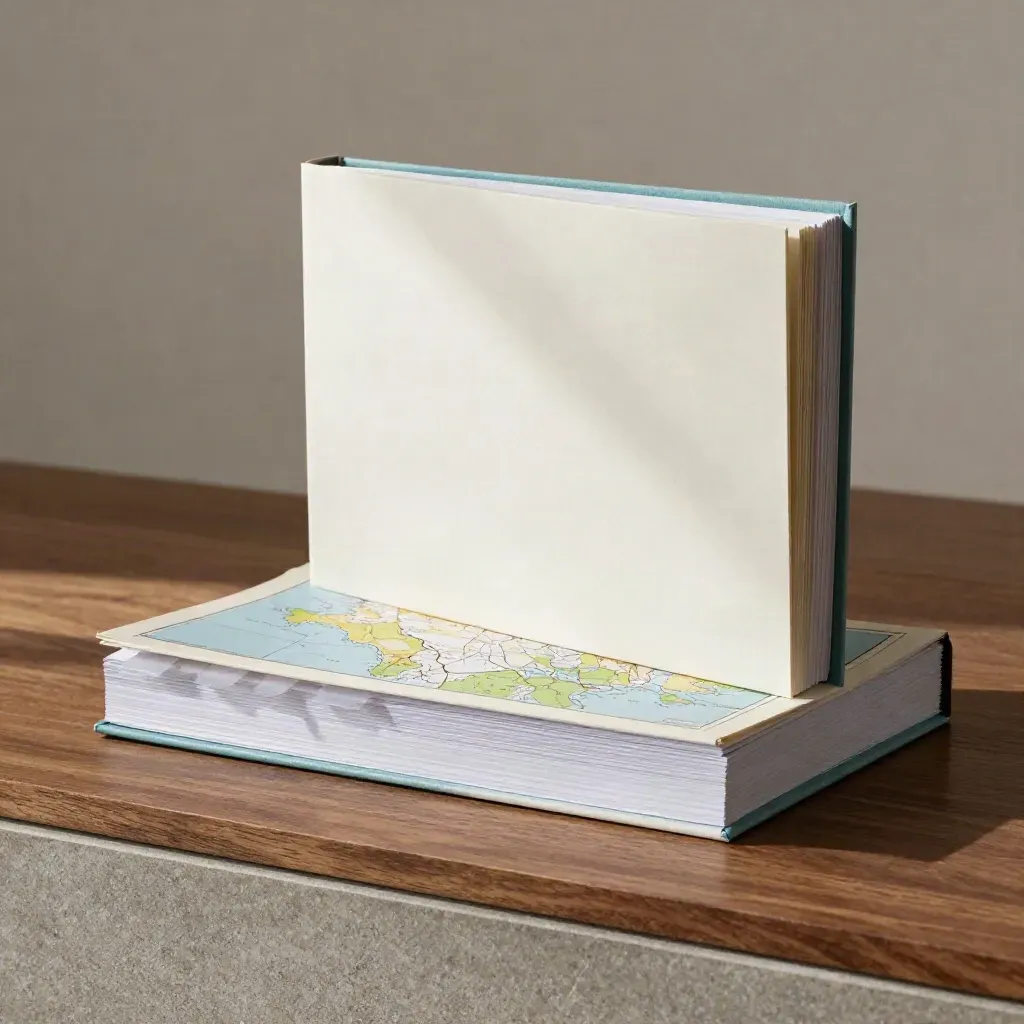 Cartella slipcase per ingresso nel mercato USA su base in legno, con fogli e mappe sfumati.