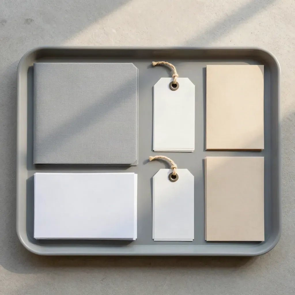 Kit di coordinamento logistica su vassoio grigio, con cartelle, tag e spago in ordine preciso.