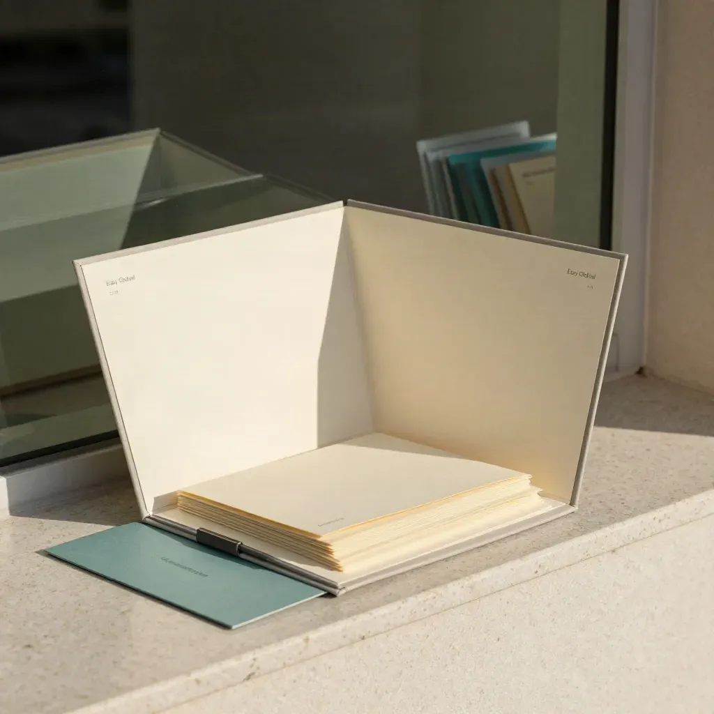 Kit aperto per outreach internazionale su travertino, con schede bianche e clip antracite.