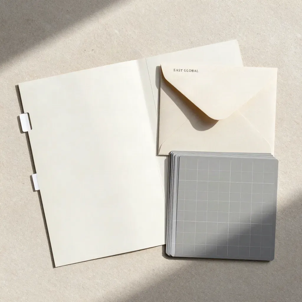 Flat lay dall’alto di dossier distributori, buste sigillate e schede contatto su lino chiaro.