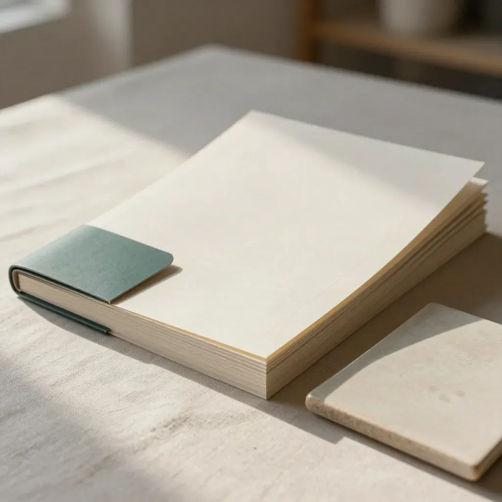 Bundle di localizzazione catalogo con prove carta, sleeve morbida e campione ceramico su tela chiara.