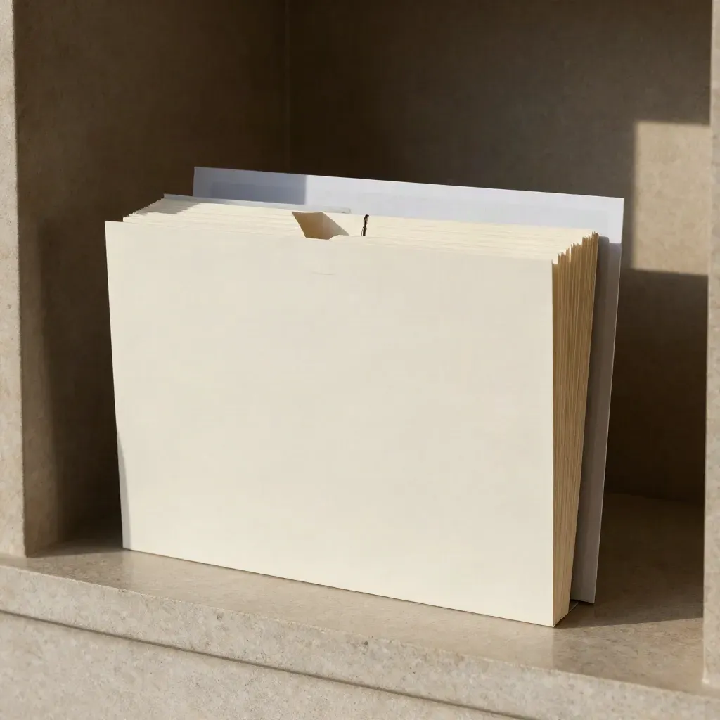 Case off-white con fascicoli di controllo etichette su base chiara, luce soffusa e sfondo scuro.