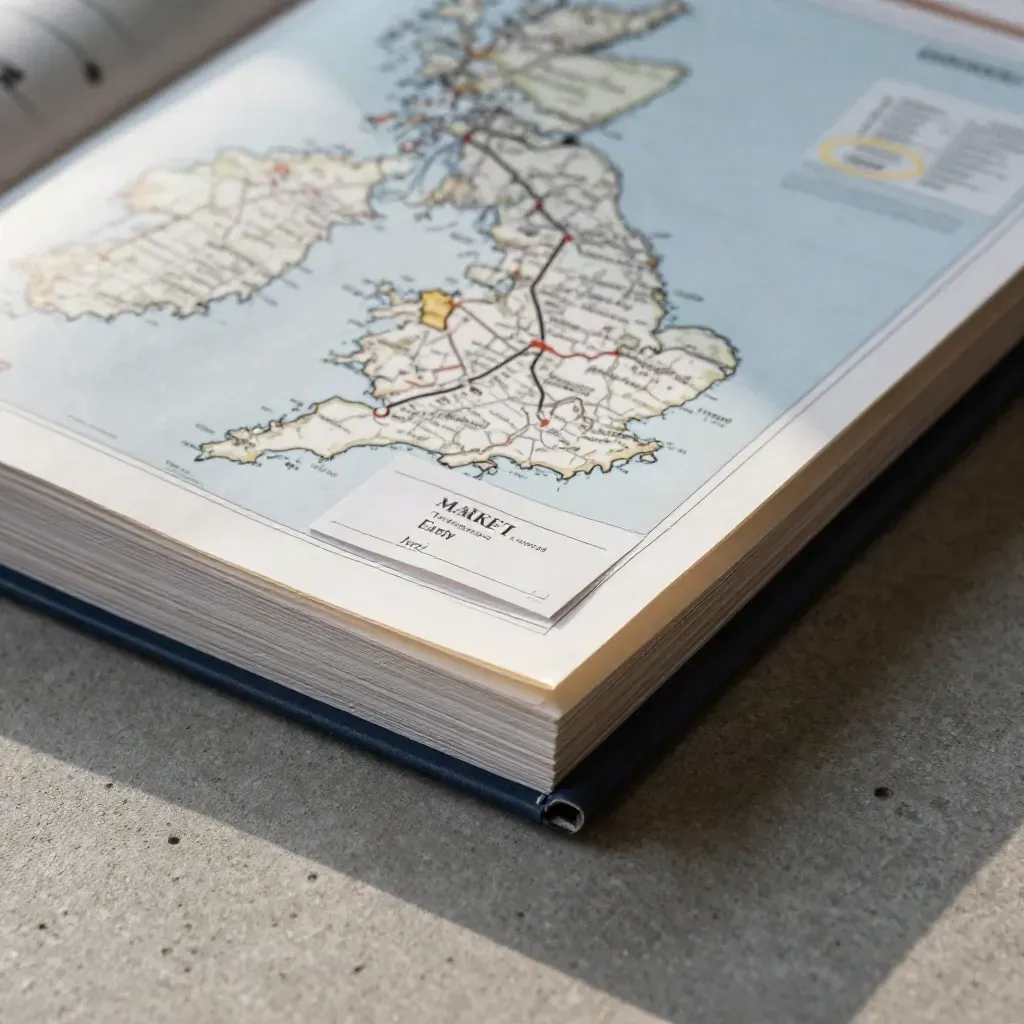 Bundle roadmap per il mercato UK con mappe stratificate e fascia blu su pietra fredda.