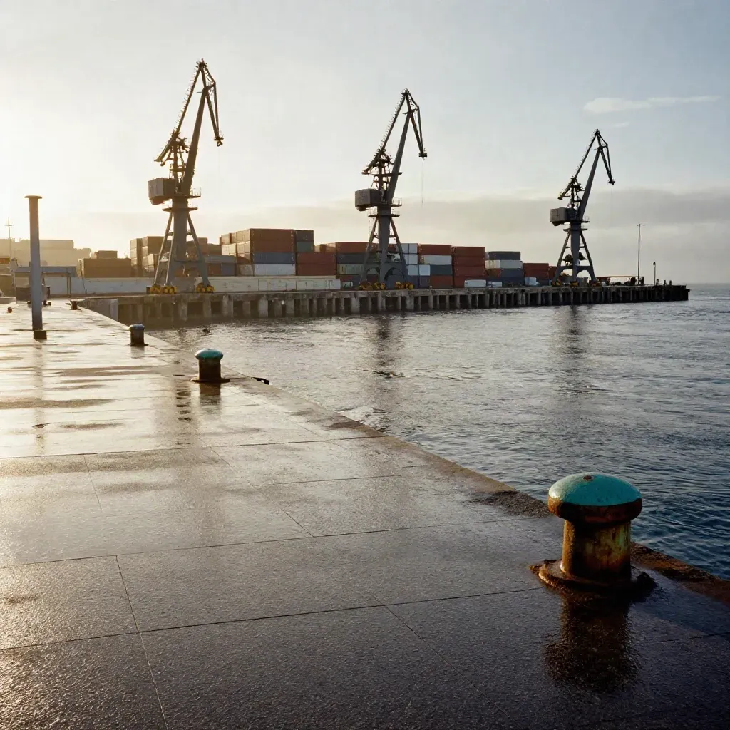 Promenade portuale bagnata al tramonto con gru, container e nebbia marina.