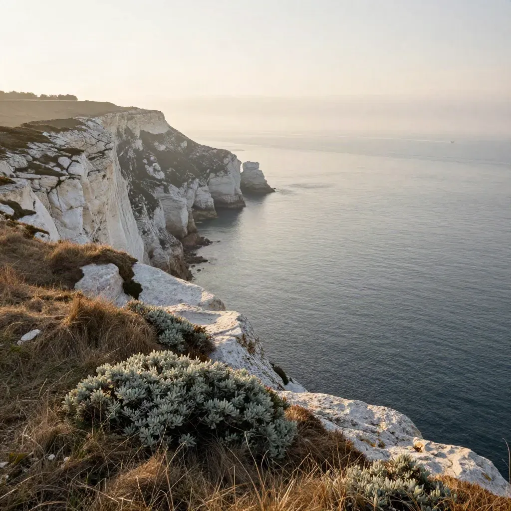 Promontorio costiero al mattino con mare calmo e una sottile rotta navale all’orizzonte.