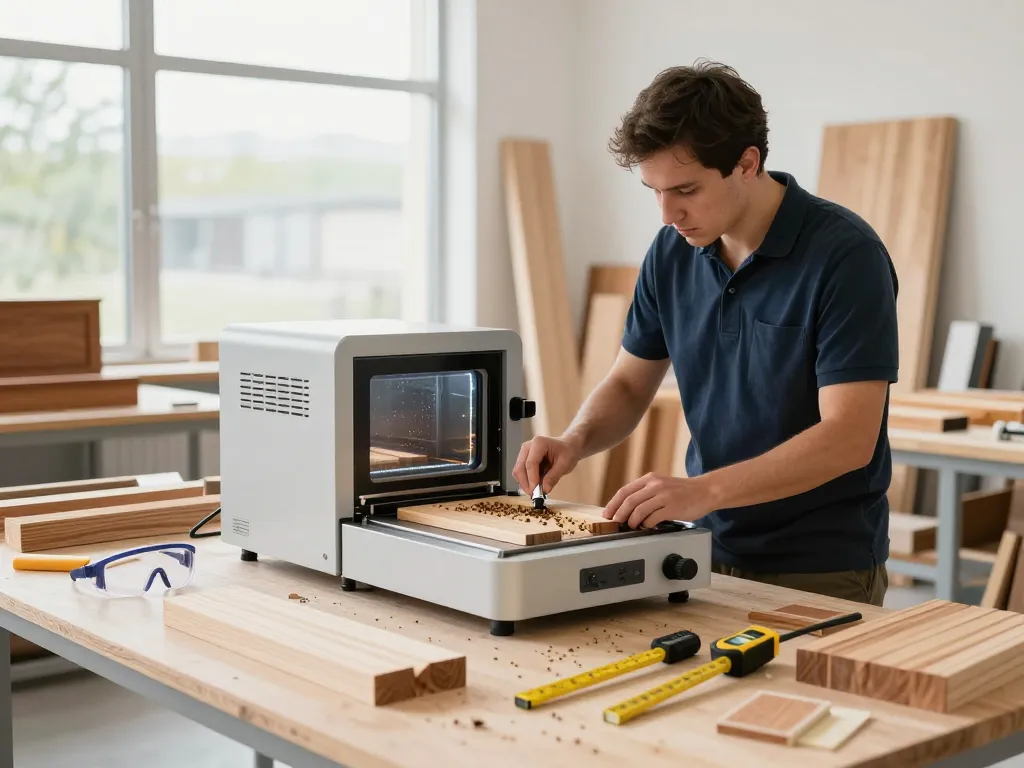 trattamento microonde antitarlo in un moderno laboratorio di trattamento del legno con un tecnico focalizzato sulle tecniche di preservazione del legno.