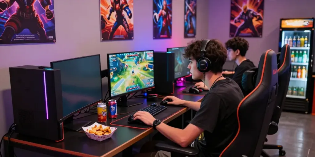 Engaged gamer's rokok88 login experience in a vibrant gaming lounge with dynamic visuals.