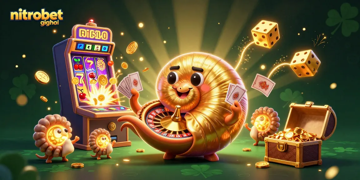 Esplora i giochi NitroBet con slot, poker e scommesse sportive in un'illustrazione vibrante.