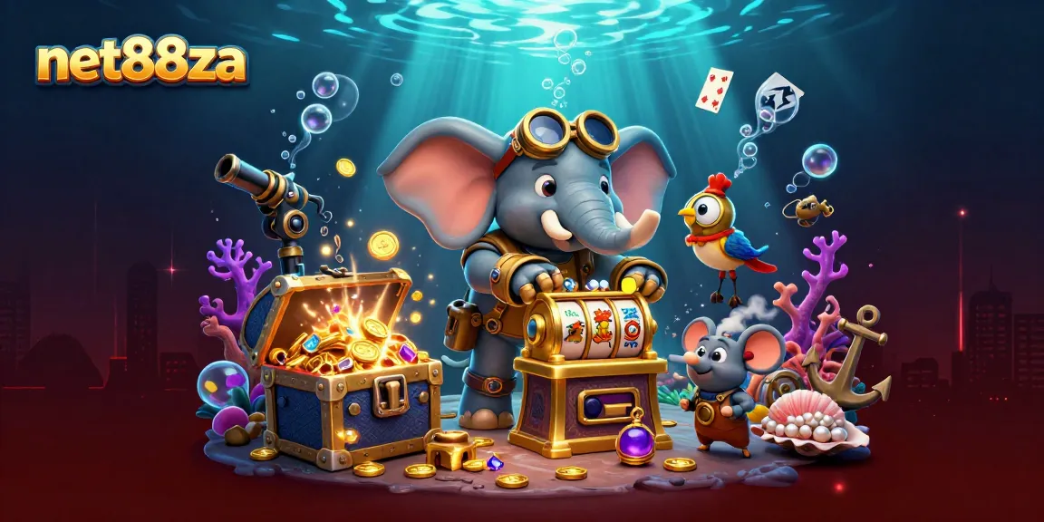 Experience exciting slots and jackpots with net88za in a vibrant 3D casino scene filled with treasures.