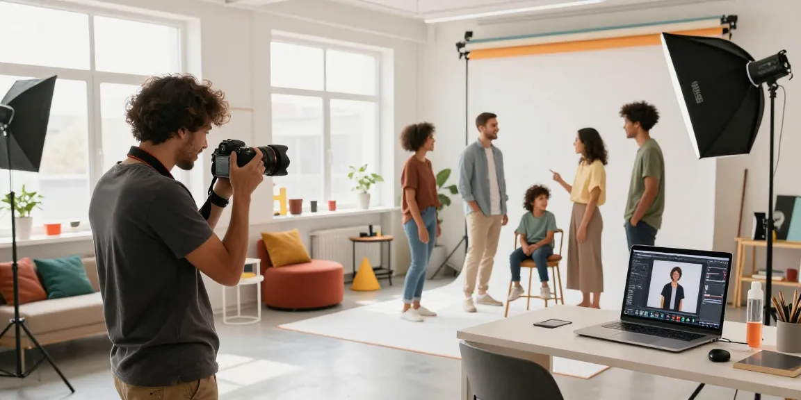 scena coinvolgente con un fotografo professionista Milano che cattura ritratti diversificati in uno studio ben illuminato.
