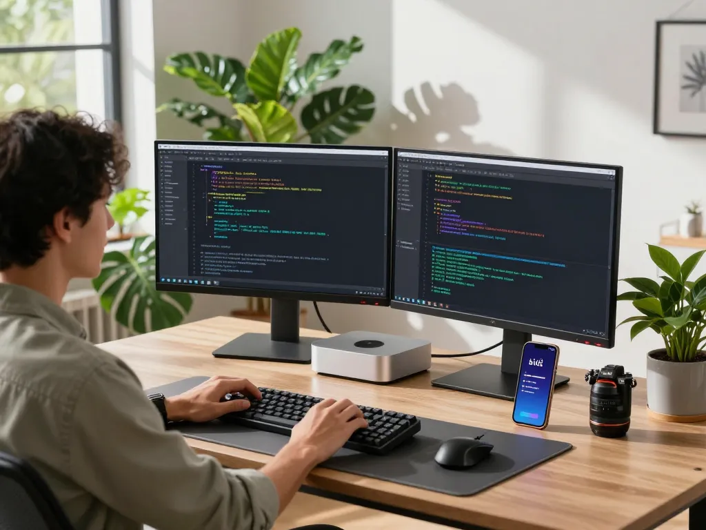 Developer using a Mac mini in a modern workspace with dual monitors displaying automation workflows and notifications.